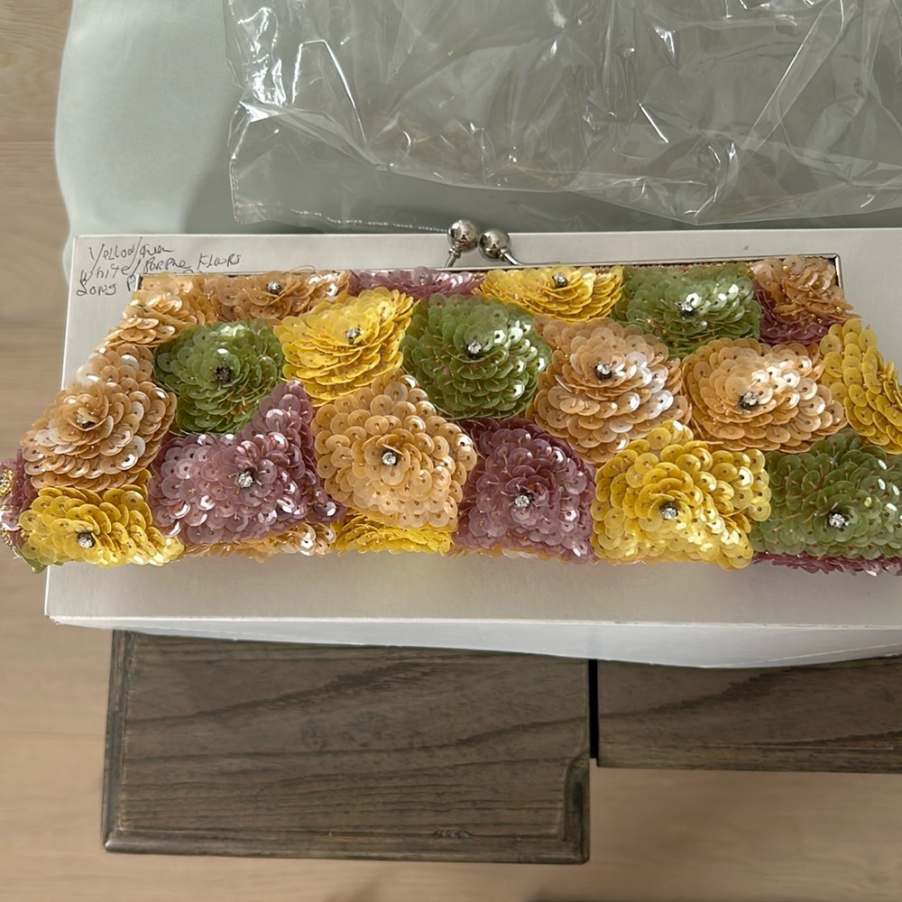 Purple yellow green and beige sequenced flowers clutch/purse
